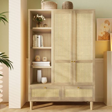 Armoire à 2 portes en rotin tressé style campagnard aspect chêne étagère ouverte étagères tringle à vêtements 180 x 120 x 50 cm (1/5)