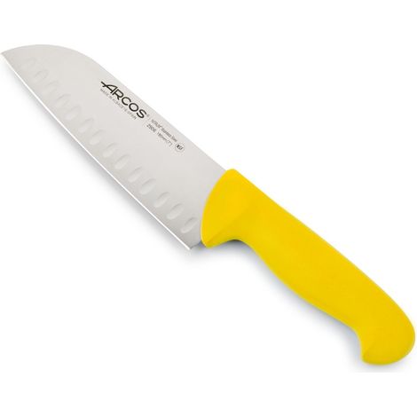 Cuchillo Santoku Arcos 2900 - Prof 290600 con alveolos de acero inoxidable Nitrum y mango ergonómico de Polipropileno de color amarillo y hoja de 18 cm, funda display