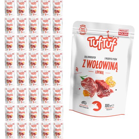 Comida húmeda para perros TufTuf sabor ternera y calabaza, sobres de 40 x 100 g, carne en conserva. (1/2)