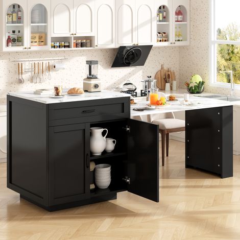 REDOM - Tavolo alto allungabile 98x70x93.5 cm, contenitore con 1 cassetto e 4 scomparti, ruote bloccabili, MDF nero (1/5)