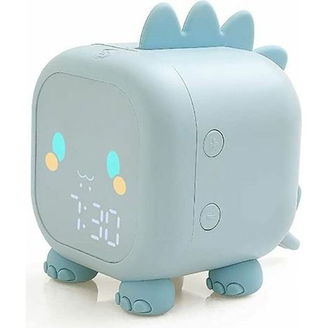 Réveil dinosaure mignon pour enfants, rechargeable par USB, affiche automatiquement l'heure, la date et la température, lampe de chevet avec fonction snooze et veilleuse à activation vocale.