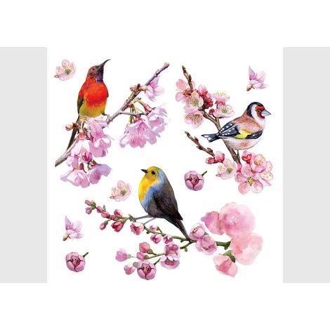 Stickers 3 oiseaux posés sur des fleurs de Sakura - 1 planche 30x30cm (1/5)