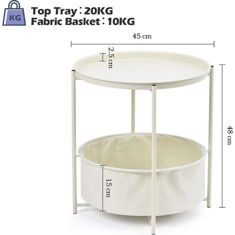 Table Basse Ronde avec Panier, Table d'Appoint en Métal, Table de Chevet avec Panier de Rangement en Tissu pour Canapé