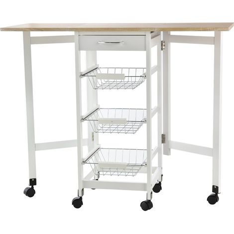 Carrello da Cucina 37x37x77,5 cm 3 Cestini 1 Cassetto e Ribalte Bianco e Legno (1/5)