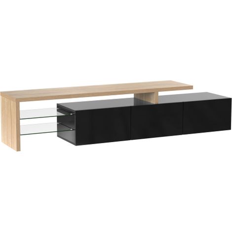 Meuble TV moderne noir brillant bois verre LED rangements