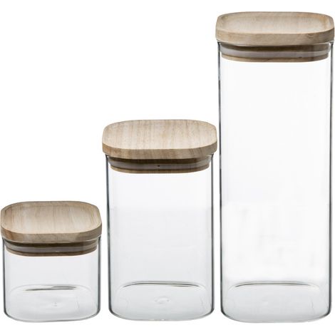 Lot de 3 Bocaux de rangement en verre et bois couvercle hermétique empilable Atmosphera (1/5)