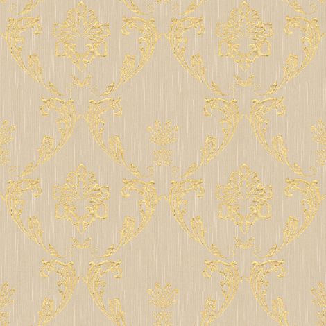 Carta da parati barocca Profhome 306582 Carta da parati tessile strutturata in stile barocco lucida oro beige 5,33 m2