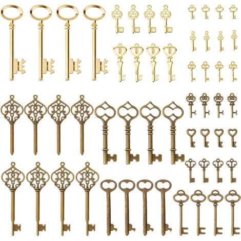 Lot de 56 clés squelette en vrac vintage en alliage de 14 styles pour placard, portes, tiroirs, penderies, penderie, sol (1/5)