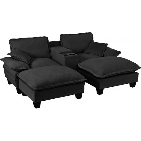 CHICFURN Divano modulare 224x151x90 cm in ciniglia nera con USB, vani portaoggetti e 2 pouf (1/5)
