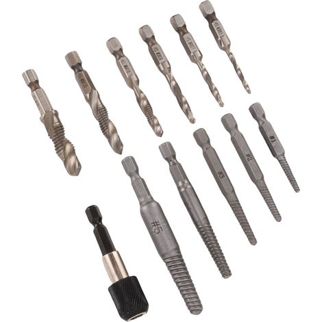 Kit d'extracteurs de vis 11 pièces avec rallonge de taraud, adaptateur et boîte de rangement pour tige hexagonale 1/4". (1/5)