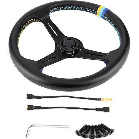 Volant de course GReddy Style 6 trous 350mm/14in cuir noir demi-cuvette avec avertisseur (1/5)