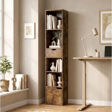 Libreria a 6 livelli con cassetto, anta e ripiano regolabile, 30 x 24 x 158 cm, marrone DESVIAE (1/5)