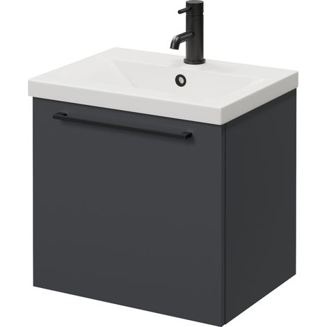 Napoli 390 Gloss Grey 500mm Wall Mounted Single Drawer Vanity Unit with Glide Basin - 500mm - Matt Black 320mm Handle
