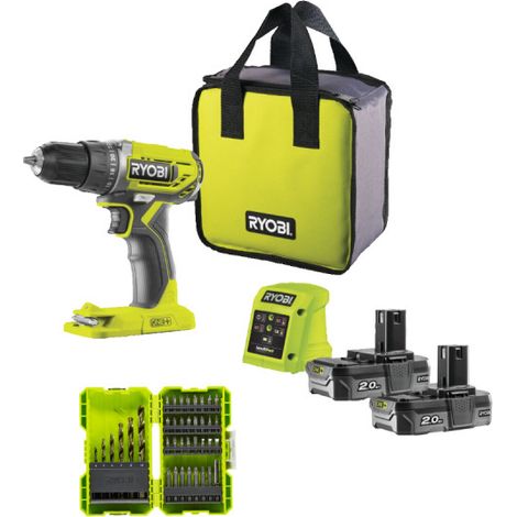 Confezione RYOBI - R18DD2-220S - 18V One Plus - 2 batterie 2,0Ah - caricabatterie - valigetta antiurto impilabile 38 acc