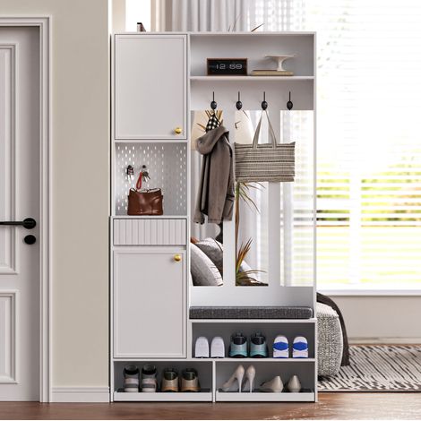 Recibidor con banco, 4 ganchos, puertas y cajones, 100 x 35 x 180 cm, blanco DESVIAE (1/5)