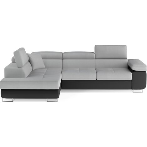 Canapé d'angle convertible simili cuir et tissu MARKA - Coffre et appuis-tête réglables angle gauche-Noir/Gris clair-angle gauche (1/5)