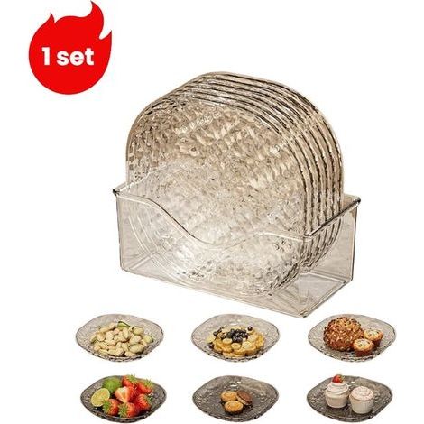 1 ensemble - Assiettes - Assiette en os - Petite assiette transparente à motif ondulé - Assiette à fruits et à apéritifs - 6 assiettes - 1 boîte de rangement - Blanche transparente (1/5)
