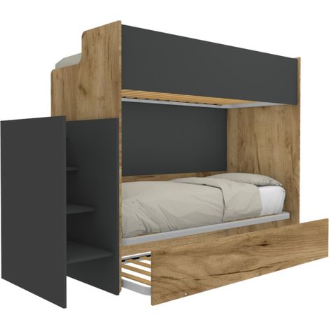 Letto a castello minimalista con terzo letto estraibile - Quercia e basalto