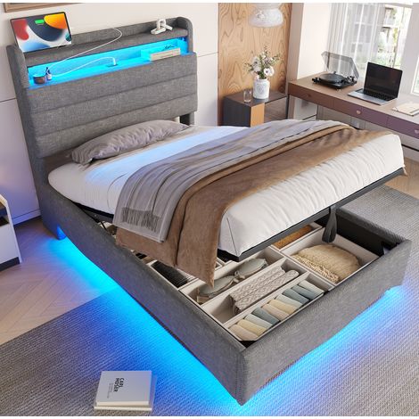 Polsterbett, 90 x 200 cm, ohne Matratze, mit LED-Beleuchtung, mit Hydraulikmechanismus, mit USB- und Typ-C-Anschlüssen, Ablagefach, Ablagen für Gegenstände, Leinenstoff, Grau (1/5)