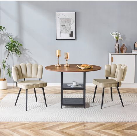 Ensemble table ronde 107 cm et 2 chaises, double rangement, MDF métal, noyer et brun clair (1/5)
