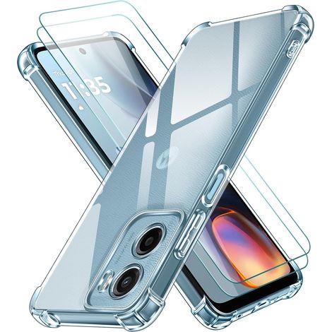 3 en 1 Coque pour Motorola Moto E15 / G05 avec 2 Pièces Verre Trempé, Ultra Transparent Étui de Protection en Silicone Antichoc, Souple TPU Anti-Rayures Bumper Housse (1/5)