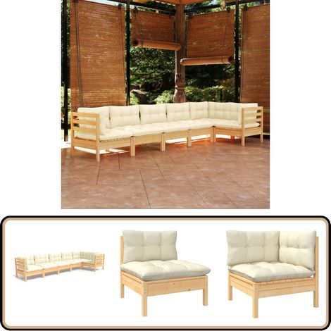 6-tlg. Garten-Lounge-Set mit Creme Kissen Kiefernholz - Garten Lounge Set - Kiefernholz Möbel - Outdoor Möbel - Loungemöbel - Gartenmöbel