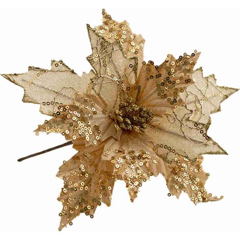 Glitzernder Blumenschmuck, künstliche Weihnachtsbaumblüte für die Festtage, 25 cm hoch, 20 cm Durchmesser, goldfarben (1/4)