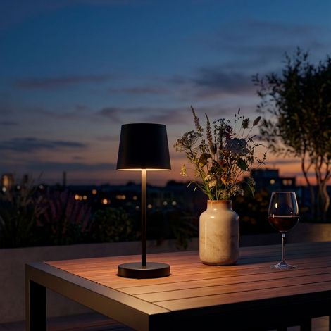 Lampe a poser LED rechargeable USB-C 2.6W 10.5x26cm Cylindrique 150lm 3000K Blanc chaud IP44 Tactile dimmable Noir Lampe de table Salon chambre exterieur