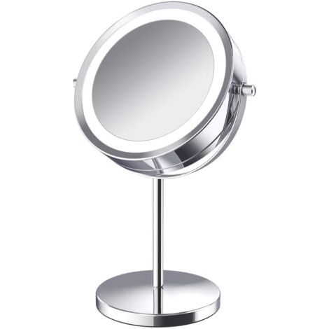 Miroir cosmétique grossissant éclairé rotatif à 360°, miroir cosmétique grossissant 10x, miroir cosmétique éclairé, miroir sur pied rotatif double face avec support (version rechargeable) (1/5)