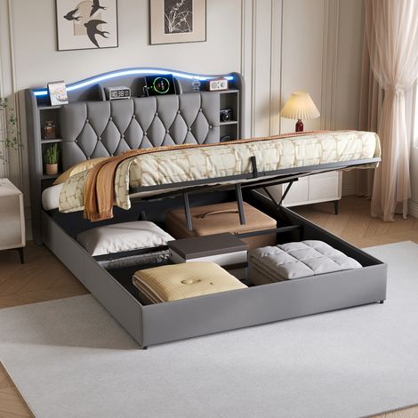 JOOKGBD - Polsterbett mit Bettkasten 160x200 cm, LED und USB, Doppelbett mit gepolsterter Kopfteil und verstecktem Stauraum, offene Ablagen, Velours, Grau, Lattenrost inklusive, ohne Matratze