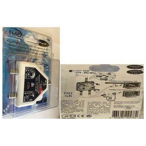 AMPLIFICATEUR DISTRIBUTEUR TNT REGLABLE 35 DB 1-ENTREE- 2 SORTIES TV REF 341055 ELAP HDME