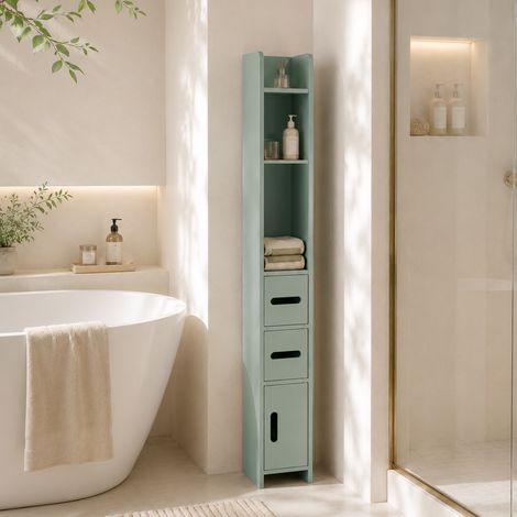 Meuble Colonne de Salle de Bain, Armoire Toilette Haute avec Étagères et Placards - 15 x 17 x 120 cm, Vert Clair (1/5)