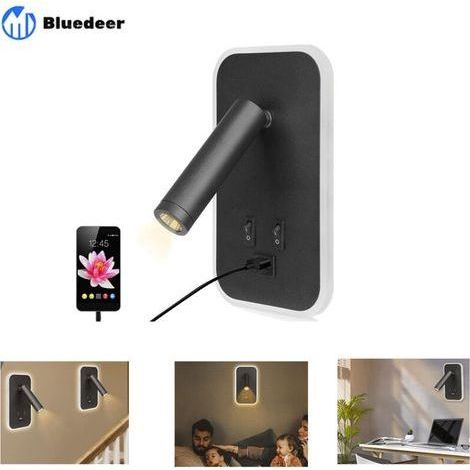 Applique murale LED, liseuse de chevet avec interrupteur, port de charge USB, éclairage d'ambiance réglable pour chambre (lumière naturelle 3 W + lumière chaude 9 W) Noir (1/5)