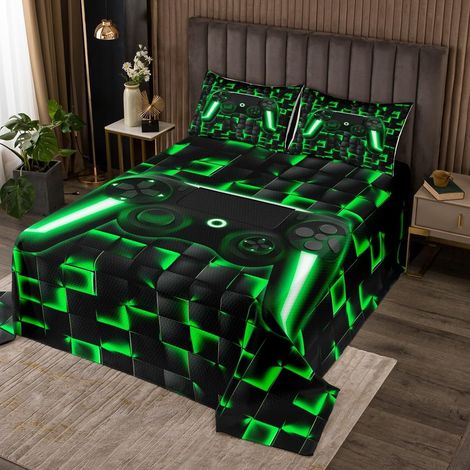 Console de Jeu Couverture de Lit 260x240 Couvre-Lit pour Garçons 3D Jeu de Géométrie Dessus de Lit pour Enfants Filles Hommes,Néon Ombre Plaid Console de Jeu Literie Set Léger Noir Vert - 260x240cm (1/5)