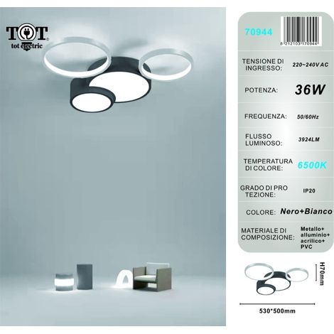 Plafoniera led 36w 4 cerchi argento nero lampada da soffitto design moderno luce per camera soggiorno cucina  Bianco freddo