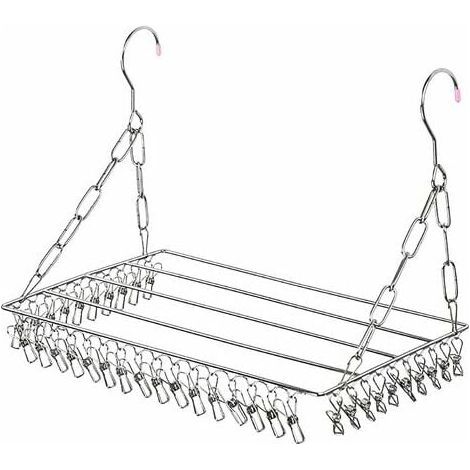 Socks Drying Rack - 36 Stainless Steel Pegs - Adjustable Height Width - Indoor Outdoor Balcony Window Guardrail Mount - Silver