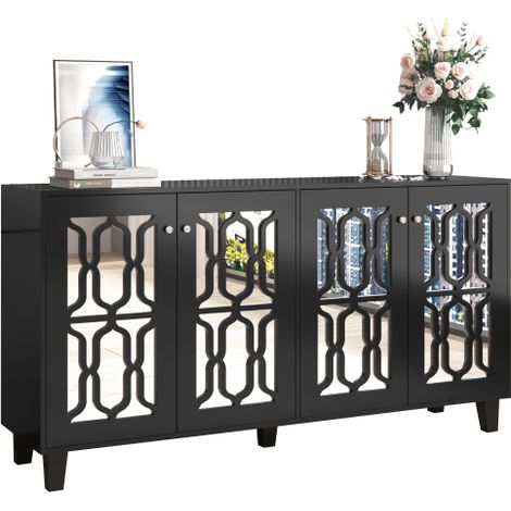 URBAN MEUBLE Buffet noir design 4 portes miroir motif géométrique et poignées en cristal froid 160x40x84cm (1/5)