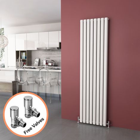 ELEGANT 1800 x 480mm Vertical Column Radiator White Oval Double Panel Designer Radiator Heater + Angled Radiator Valves (1/5)