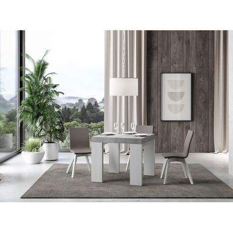 Petite table carrée extensible bois gris béton et blanc 90 à 246cm Ribo (1/5)