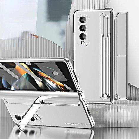 Coque Samsung Z Fold 5 avec verre trempé, étui compatible Galaxy Z Fold 5, support intégré, logement pour S Pen et stylet tactile, argenté