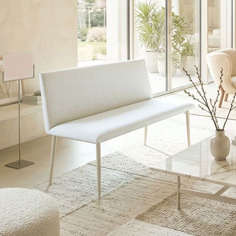 Chaise de salle à manger sans accoudoirs, revêtement aspect lin, chaise de cuisine avec dossier et pieds en métal, pour salon, couleur crème (1/5)