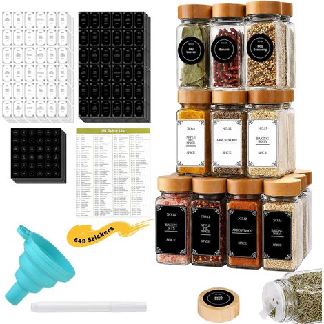 24 Pot à Épices en Verre de 120 ml avec Couvercles, Rangement pour Epices de Cuisine, Bocaux Carrés Hermétiques avec Entonnoir et 648 Étiquettes, Convient pour Le Camping (1/5)