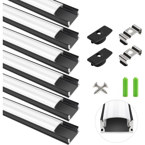 Aluminium U Profile 6 x 1 m Black, Opaline Diffuser, LED Channel for LED Strip, Kit with End Caps and Clips, Heat Sink, Easy Installation (1/5)