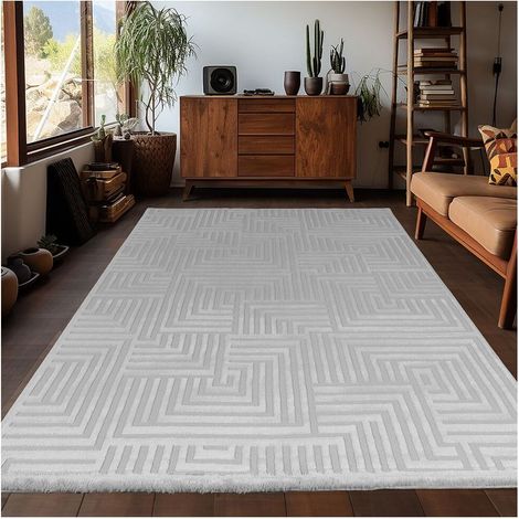 Tapis géométrique design effet 3D Lamego Argenté 140x200 (1/5)