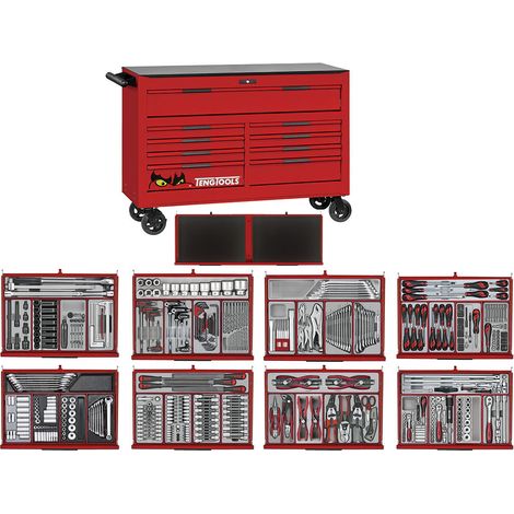 Servante d'atelier complète large - Rouge 9 tiroirs - 615 outils Teng Tools TKW53R615T (1/5)