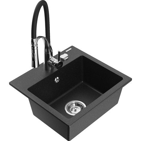 Mexen Milo fregadero de granito de 1 compartimento con grifo de cocina Aster, negro/plateado metálico - 6505-73-73450-07 (1/5)