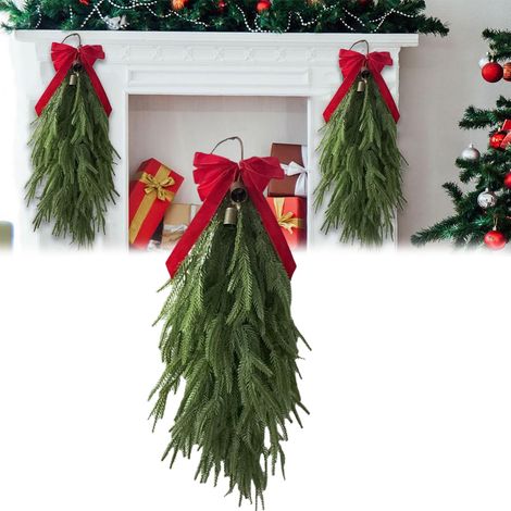 Guirlande de verdure artificielle de Noël extra longue de 27 pouces avec clochette de vache, décoration en faux pin en forme de larme pour porte et cheminée, 1 pièce. (1/5)