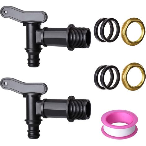 Lot de 2 robinets d'écoulement pour citerne d'eau de pluie, robinet de rechange en plastique avec joint d'étanchéité, contre-écrou, bande d'étanchéité pour citerne d'eau de pluie, réservoir (1/5)