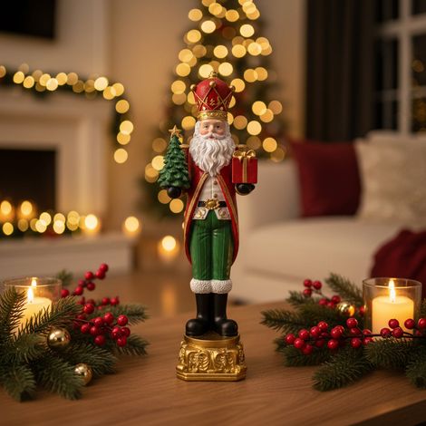Statuetta decorativa Babbo Natale con pacco regalo, decorazione natalizia in resina da 46 cm (1/4)