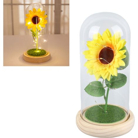 Sonnenblumenornament unter einer Glaskuppel, kreatives Geschenk zum Qixi-Fest (chinesischer Valentinstag), dekoratives Nachtlicht aus konservierten Blumen. (1/5)